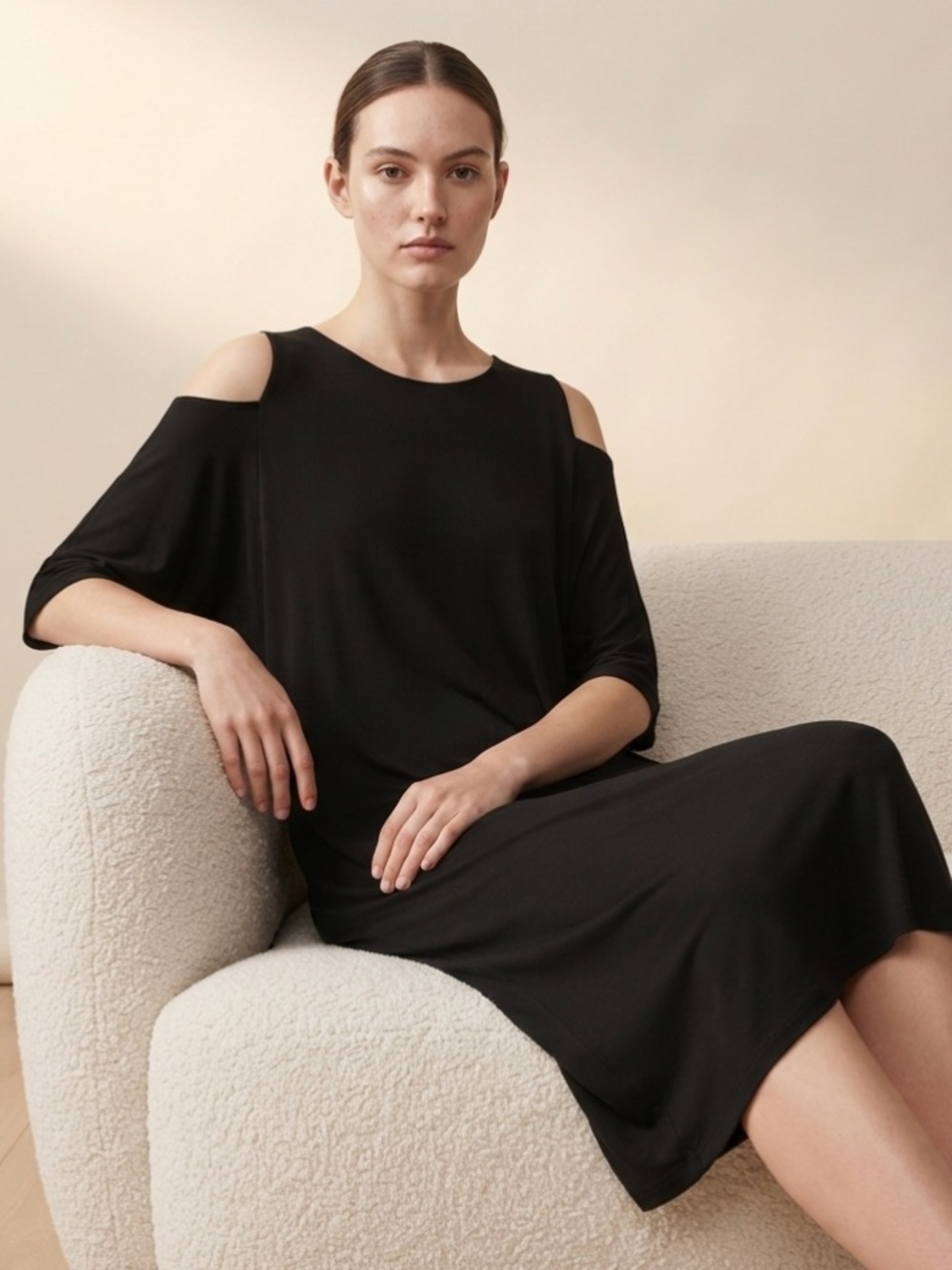 EILEEN FISHER Tunic Dress Jersey Knit Cold Shoulder Black Classic